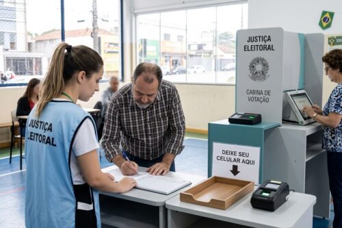 Vista interna de uma seção eleitoral brasileira.