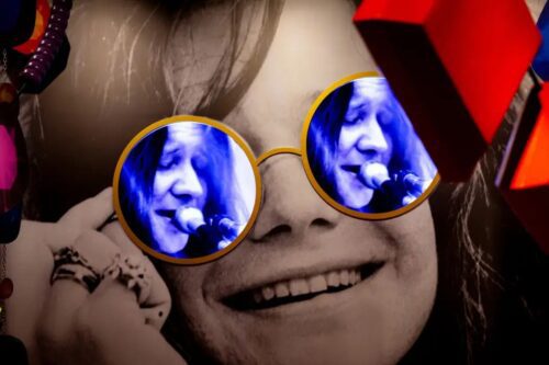 Close-up estilizado do rosto de Janis Joplin sorrindo.