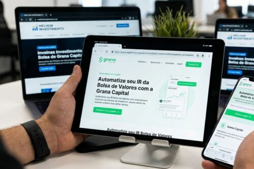 Uma mesa de escritório com diversos dispositivos eletrônicos exibindo conteúdos financeiros. Em primeiro plano, uma pessoa segura um tablet e um smartphone que mostram o site da Grana Capital, focado em automação de Imposto de Renda.