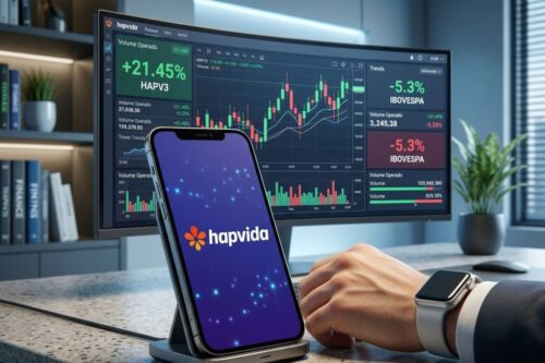 Uma imagem em estilo 3D de um ambiente de escritório moderno. Em primeiro plano, um smartphone apoiado em um suporte de mesa exibe o logotipo da Hapvida em uma tela azul escura com pontos de luz.