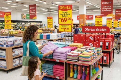 Interior de um supermercado da rede Extra com foco em cartazes de promoção.