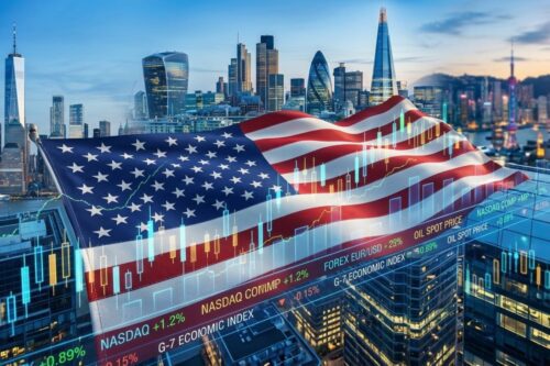 Uma composição digital vibrante mostrando a bandeira dos Estados Unidos em destaque, ondulando sobre o horizonte de uma metrópole moderna ao entardecer.