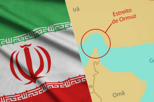 Montagem com a bandeira do Irã e mapa do Estreito de Omuz.