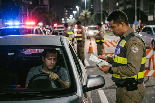 Fotografia noturna de uma fiscalização de trânsito (Lei Seca) em uma via urbana. Em primeiro plano, à direita, um policial militar fardado e usando um colete refletivo amarelo examina documentos de um motorista. O motorista, um homem de camiseta cinza, está sentado dentro de um carro prata, segurando o volante com uma expressão séria. Ao fundo, luzes de sirenes policiais vermelhas e azuis iluminam a cena, onde outros policiais e cones de sinalização organizam o fluxo de veículos. A iluminação pública e os prédios ao longe completam o cenário da operação.