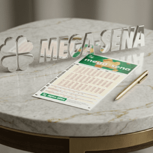 Sorteio da Mega Sena com bilhete na mesa, destaque para o símbolo da loteria, podendo ser utilizado para anúncios de resultados ou apostas na loteria.
