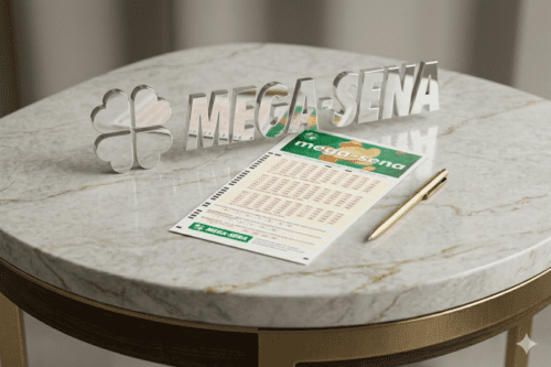 Sorteio da Mega Sena com bilhete na mesa, destaque para o símbolo da loteria, podendo ser utilizado para anúncios de resultados ou apostas na loteria.