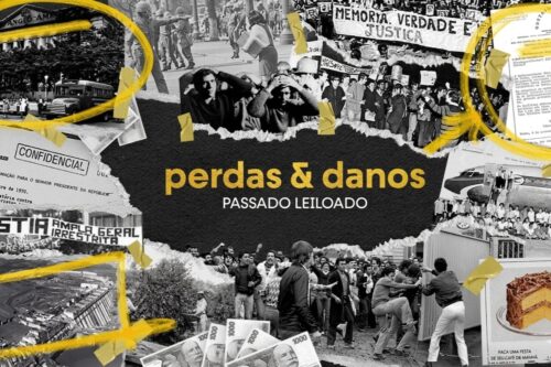 Colagem artística em tons de cinza, preto e amarelo intitulada "Perdas & Danos: Passado Leiloado".