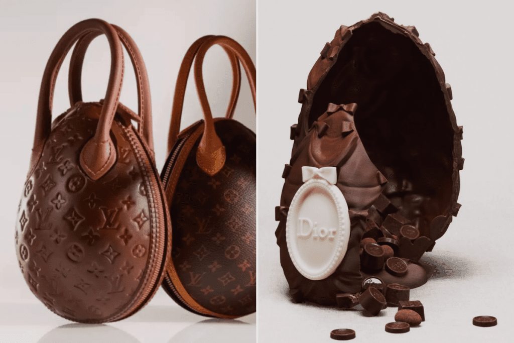 Ovos de Páscoa, criações da Louis Vuitton e da Dior. 