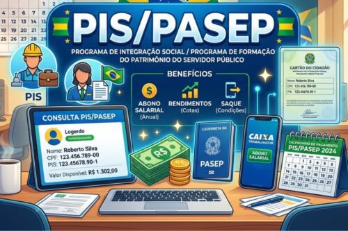 Infográfico ilustrado sobre o PIS/PASEP. O centro exibe o título "PIS/PASEP" em destaque.