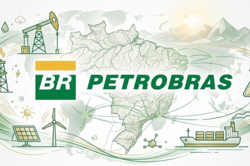 Ilustração digital em tons de verde, amarelo e cinza sobre um fundo claro. No centro, o mapa do Brasil com linhas de conexão que se espalham pelo globo terrestre ao fundo.