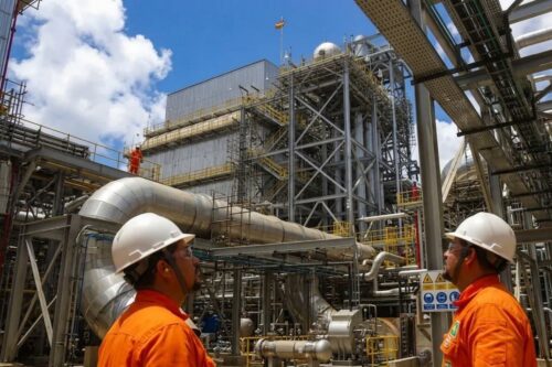 Dois trabalhadores de costas, vestindo uniformes operacionais laranjas e capacetes brancos, observam uma grande instalação industrial da Petrobras.