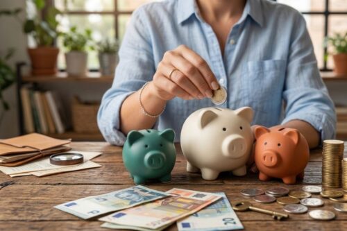 Uma pessoa coloca uma moeda em um de três cofres de porquinho coloridos sobre uma mesa de madeira repleta de notas de Euro e pilhas de moedas.