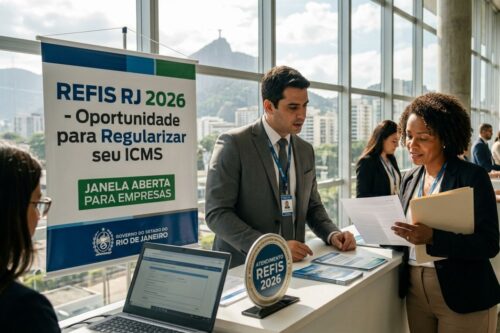 Imagem gerada por IA mostrando um balcão de atendimento do "REFIS RJ 2026".