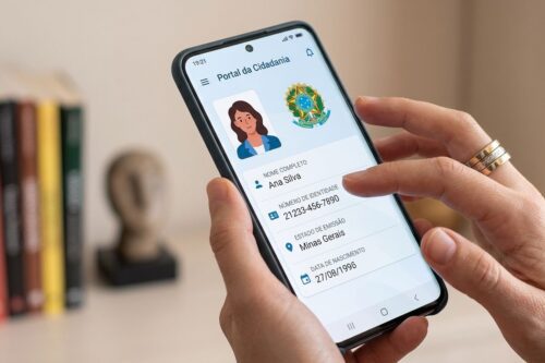 Uma pessoa segura um smartphone que exibe na tela o "Portal da Cidadania".