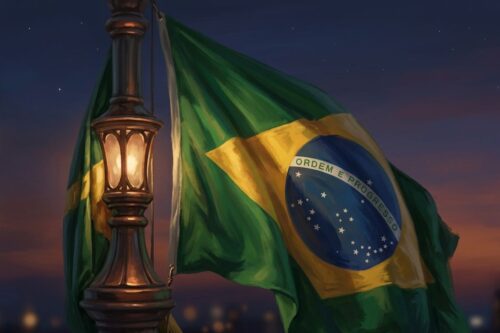 Ilustração digital em estilo pintura de uma bandeira do Brasil hasteada em um poste de iluminação clássico ao entardecer.