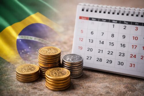 Economia no Brasil com moedas e calendário mostrando um mês, simbolizando planejamento financeiro e economia brasileira.