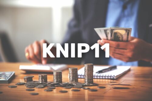 Pessoa segurando dinheiro em um escritório, com pilhas de moedas organizadas em ordem crescente e anotações ao lado, representando o FII KNIP11 e seus dividendos.