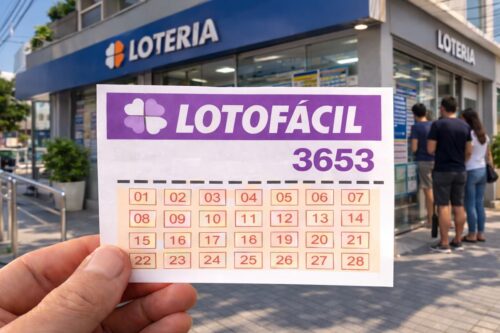 Pessoa segurando uma cartela de loteria lotofácil 3653 na frente de uma lotérica com fila de pessoas esperando atendimento.