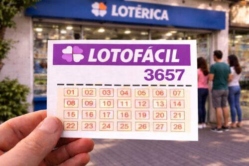 Uma mão segura um bilhete da loteria Lotofácil 3657 em frente a uma lotérica, com quatro pessoas do lado de fora.