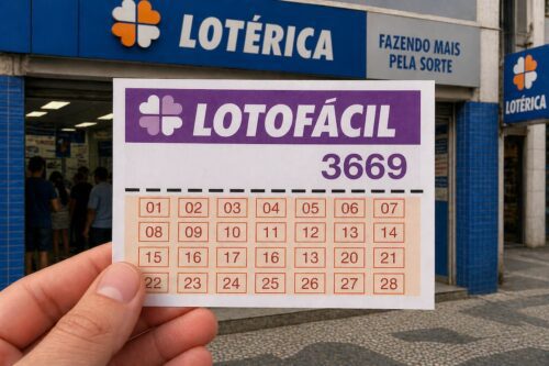 Loteria de Brasil, concurso Lotofácil 3669, apresentando os números e elementos visuais do jogo.
