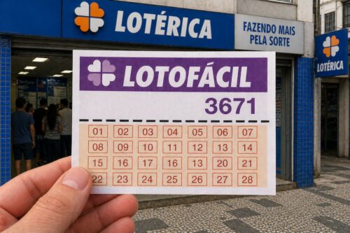 Imagem do cartão Lotofácil 3671, apresentando os números e regras da Loteria.