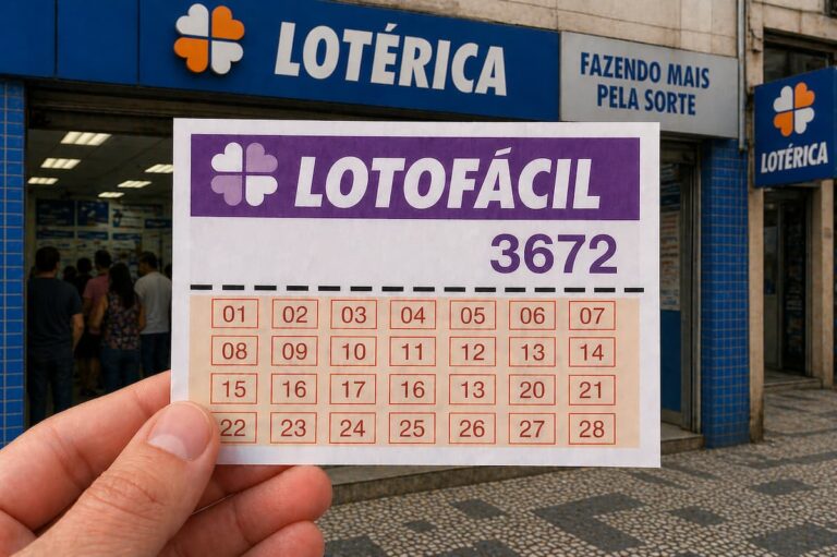 Imagem do jogo Lotofácil, apresentando o concurso Lotofácil 3672 e seus números sorteados.