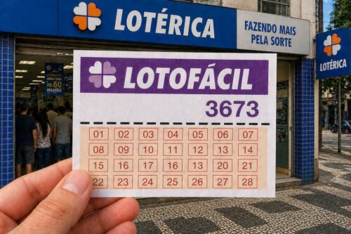 Imagem do jogo Lotofácil 3673, apresentando números e informações sobre a loteria de fácil acesso.