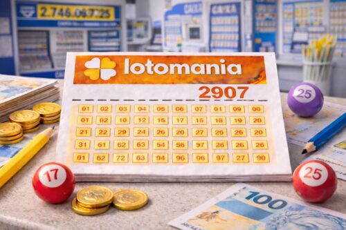 Cartela de loteria Lomania 2907 com números vencedores, próximos a premios em dinheiro, na mesa de uma lotérica, cercada por moedas, bolinhas de bingo, dinheiro e papelaria.