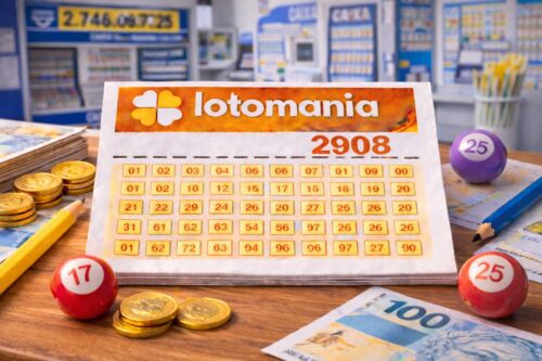 Aposta na loteria da Lotomania 2908, bolinhas de cores diferentes representando apostas, saldo em moedas e uma nota de 100 reais ao fundo.