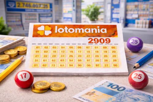 Cartela da Lotomania 2909 com números sorteados, dinheiro em moedas e bilhetes de loteria ao redor, representando apostas na loteria brasileira.