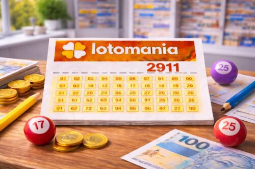 Cartela de loteria com o nome Lotomania 2911, acompanhada de fichas de bingo, moedas e uma nota de 100 reais, em um ambiente de loteria.
