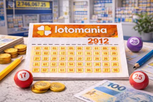 Cartela de loteria com o tema Lotomania 2912 ao centro, acompanhada por bolas numeradas 17 e 25, moedas, bilhetes e caderno de anotações.