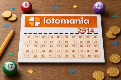 Cartela de loteria com o nome 'Lotomania' em destaque, ao lado de bolinhas de número e moedas que representam jogos de azar.