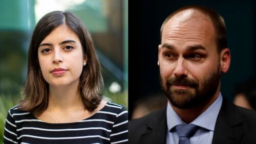Montagem mostra Tabata Amaral e Eduardo Bolsonaro em notícia sobre voto de Moraes por condenação por difamação.