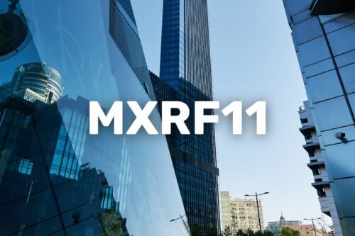 Fachadas de prédios comerciais com destaque para MXRF11, representando fundo imobiliário e mercado financeiro.