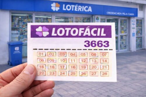 Pessoa segurando um bilhete de loteria próximo a uma lotérica azul, com uma faixa de números de 1 a 28, com foco na palavra Lotofácil 3663.
