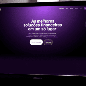 Vista diagonal de um notebook MacBook aberto exibindo a página inicial de um site com fundo roxo escuro gradiente. No centro da tela, destaca-se o texto em letras grandes e brancas: "As melhores soluções financeiras em um só lugar". Abaixo, um parágrafo menor explica que a Best Franquias conecta empreendedores a um ecossistema financeiro. Há dois botões arredondados na parte inferior central: um branco onde se lê "Seja um franqueado" e outro vazado escrito "Saiba mais". No canto superior esquerdo está o logotipo da marca "best" e, no canto superior direito, o menu de navegação e um botão roxo repetindo "Seja um franqueado". No canto inferior direito da tela, há um pequeno ícone verde do WhatsApp.