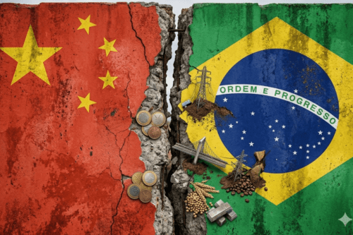 Imagem que simboliza a crise econômica entre China e Brasil, com moedas e elementos que representam ambos os países separados por uma rachadura.