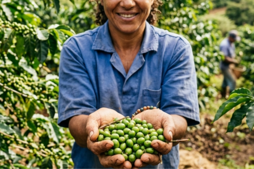 Foto em plano médio de uma mulher sorridente, trabalhadora do campo, em uma plantação de café. Ela está no centro da imagem, vestindo uma camisa azul de mangas curtas e uma faixa na cabeça. Com as duas mãos em concha estendidas para a frente, ela segura um punhado de grãos de café verdes, recém-colhidos. Ao fundo, há pés de café carregados e o relevo montanhoso de uma lavoura sob luz natural.