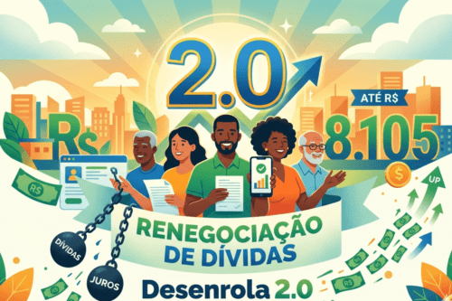 Ilustração digital em estilo moderno e colorido sobre o programa "Desenrola 2.0". No centro, um grupo diversificado de pessoas sorridentes segura documentos e smartphones, simbolizando a facilidade da renegociação. Acima deles, o número "2.0" aparece em destaque com uma seta azul apontando para cima. À direita, lê-se o texto "Até R$ 8.105". No canto inferior esquerdo, correntes com pesos rotulados como "Dívidas" e "Juros" são rompidas, enquanto notas de real voam livremente. Ao fundo, uma silhueta de cidade sob um sol radiante evoca otimismo. Na base, o título "RENEGOCIAÇÃO DE DÍVIDAS Desenrola 2.0" completa a composição.