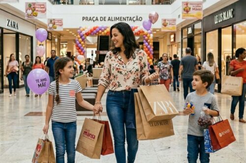 Uma mãe sorridente caminha pelo corredor de um shopping center decorado para o Dia das Mães, acompanhada por dois filhos pequenos.