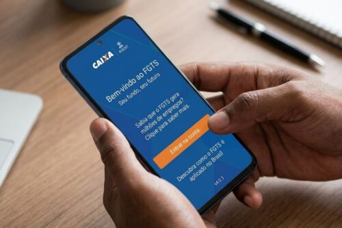 Mãos de uma pessoa segurando um smartphone que exibe a tela inicial do aplicativo do FGTS, da Caixa Econômica Federal.
