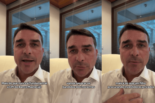 Uma montagem horizontal composta por três capturas de tela de um vídeo do político brasileiro Flávio Bolsonaro. Em todas as imagens, ele aparece do peito para cima, vestindo uma camisa social branca de botões, em um ambiente interno com persianas escuras ao fundo. Cada quadro contém uma legenda diferente em português na parte inferior: Esquerda: Flávio está com a boca aberta, como se estivesse falando. A legenda diz: "Mais do que nunca é fundamental a CPI do Banco Master já!" Centro: Ele mantém uma expressão séria e concentrada. A legenda diz: "vamos separar os bandidos dos inocentes". Direita: Ele aparece com a mão direita pousada sobre o peito. A legenda diz: "mais é do que um filho procurando investidores privados"