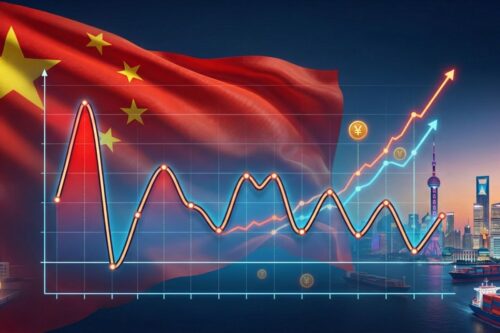 Um gráfico de linha estilizado sobreposto a uma imagem composta da China.