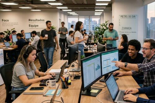 Escritório moderno em conceito aberto com várias pessoas trabalhando.