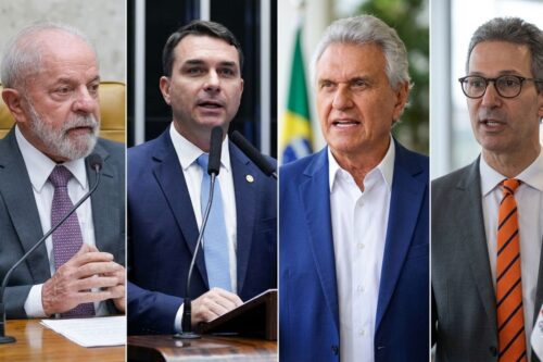Uma colagem de quatro fotografias de políticos brasileiros. Da esquerda para a direita: Luiz Inácio Lula da Silva, Flavio Bolsonaro, Sergio Moro e Romeu Zema. Cada um é retratado em um ambiente formal, como um escritório ou um plenário.