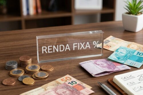 Mesa de madeira com diversas notas de Real (5, 10, 50 e 100) e moedas espalhadas ao redor de uma placa de acrílico transparente com a inscrição "RENDA FIXA %".