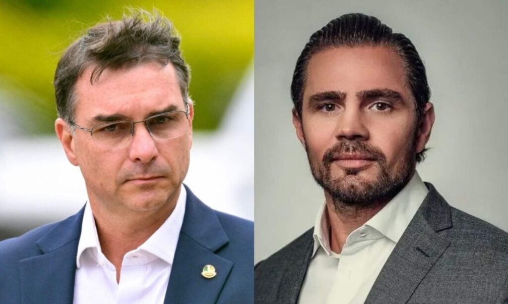 Flávio Bolsonaro e Daniel Vorcaro em montagem sobre negociação de R$ 134 milhões para filme sobre Jair Bolsonaro.