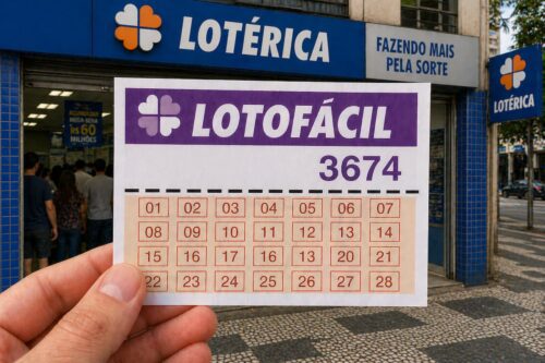 Representação visual da Lotofácil 3674, com os números e informações relevantes do jogo.