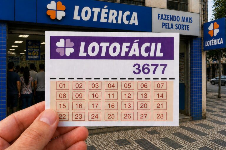 Imagem do cartão Lotofácil 3677, apresentando os números da loteria de fácil acesso em fundo vibrante.